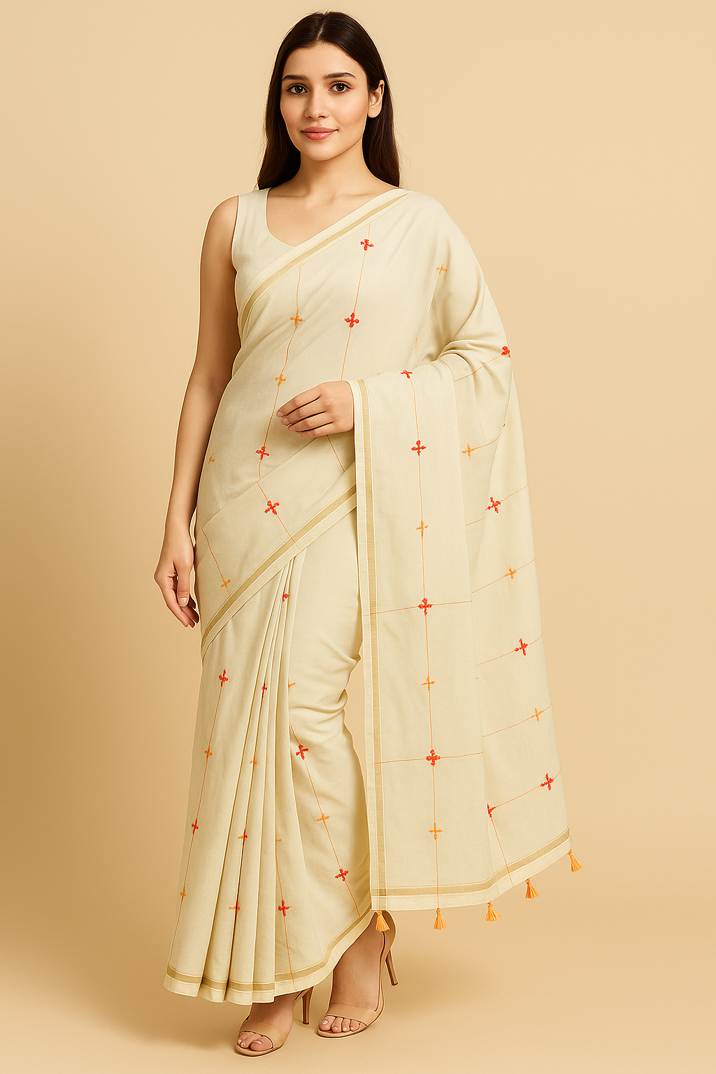 Off White Ethnic Tassel Embroidery Saree
