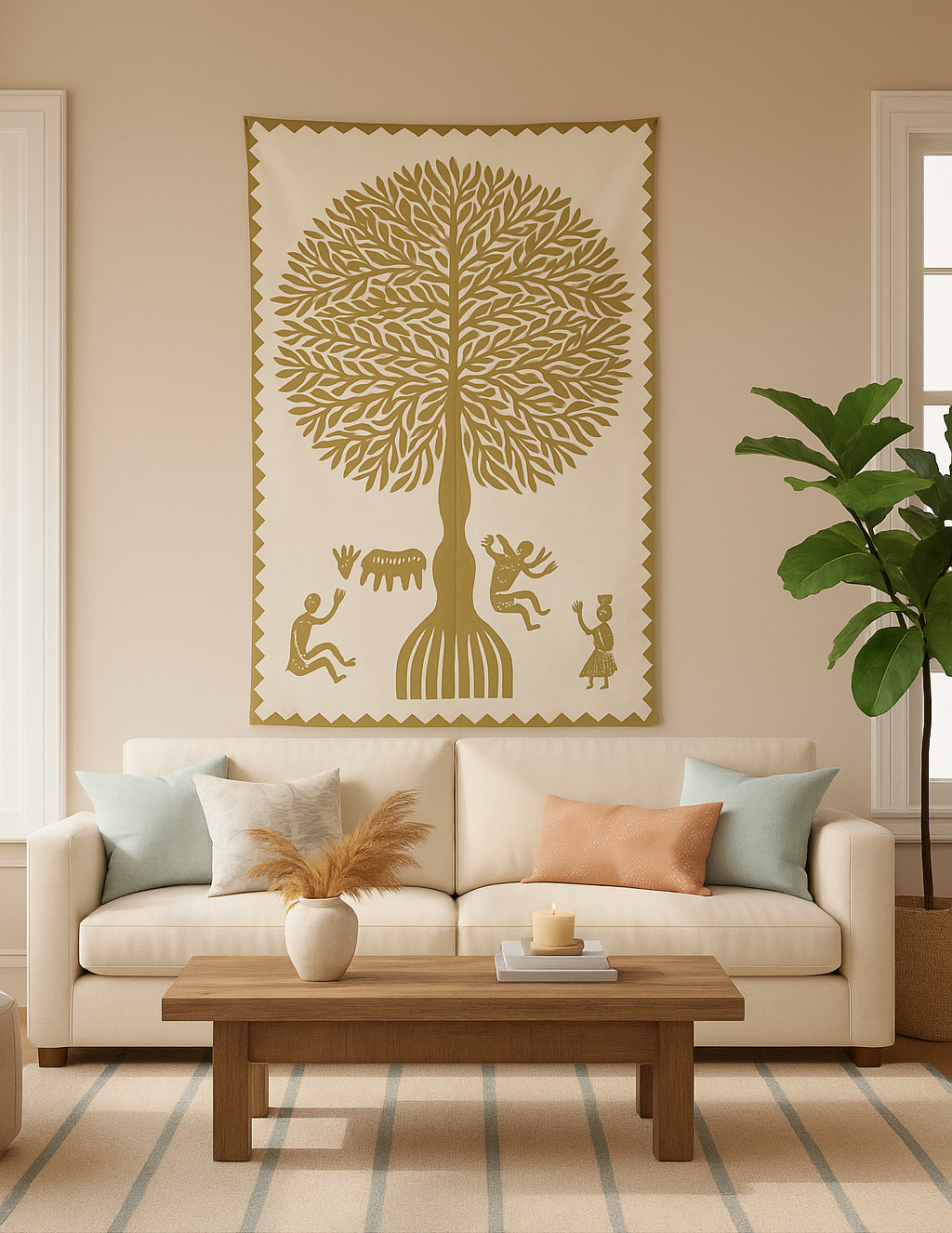 Village Story Olive Green Embroidered Wall Hanging