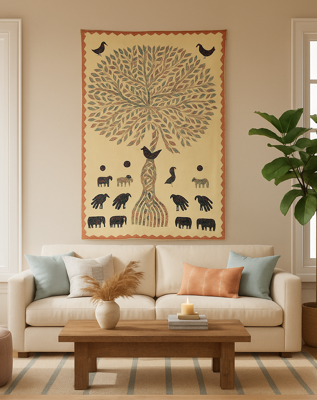 Tree and Birds Beige Applique Embroidered Wall Hanging