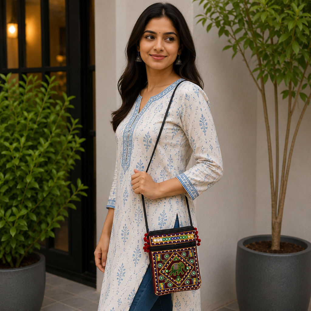 Folk Art Elephant Embroidered Sling Bag