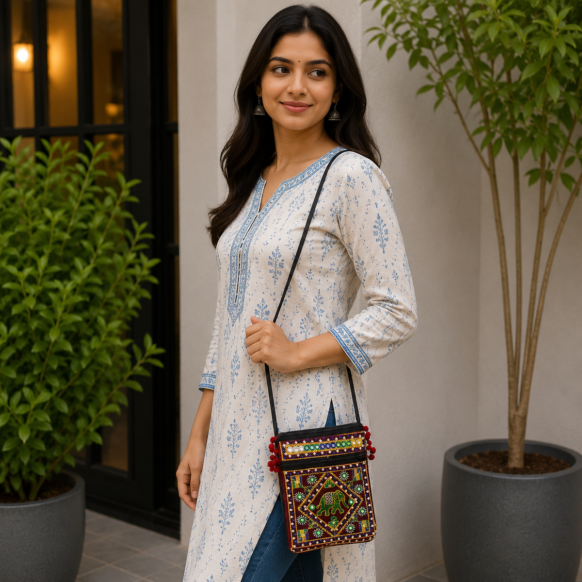 Folk Art Elephant Embroidered Sling Bag