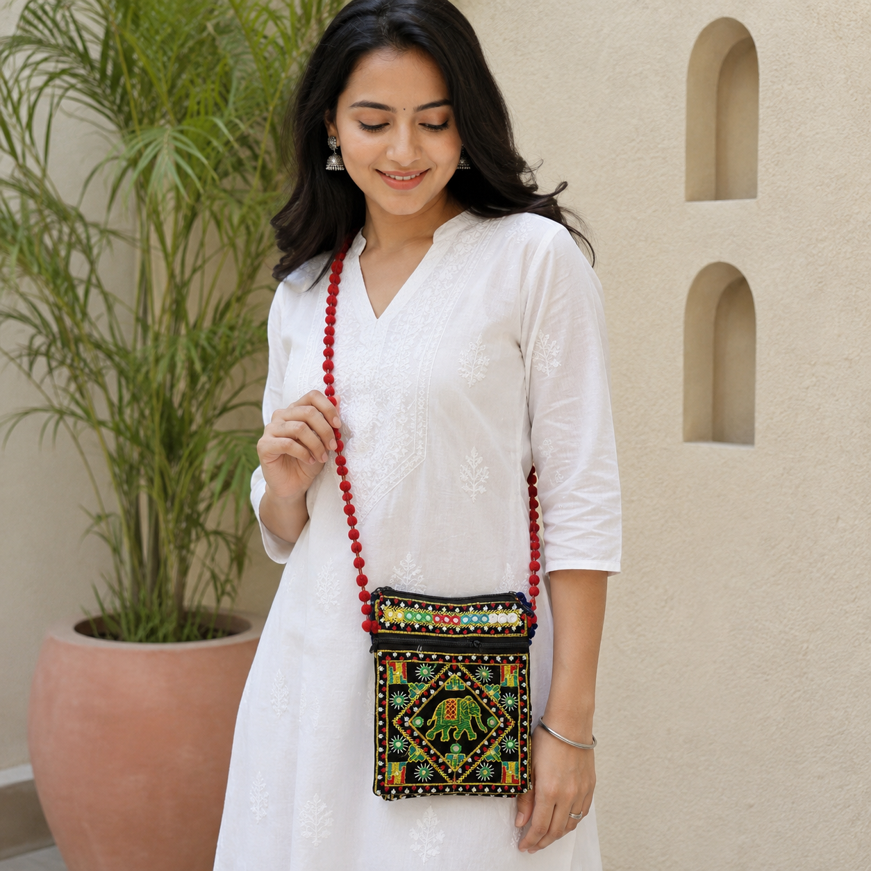 Folk Art Elephant Embroidered Sling Bag