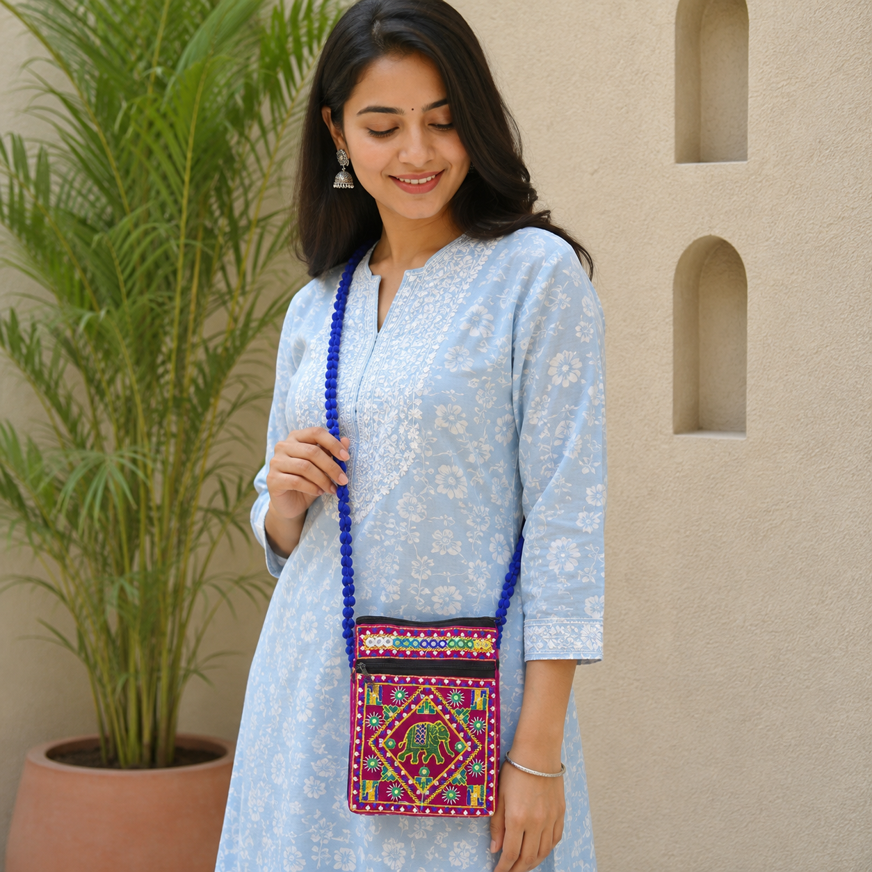 Folk Art Elephant Embroidered Sling Bag