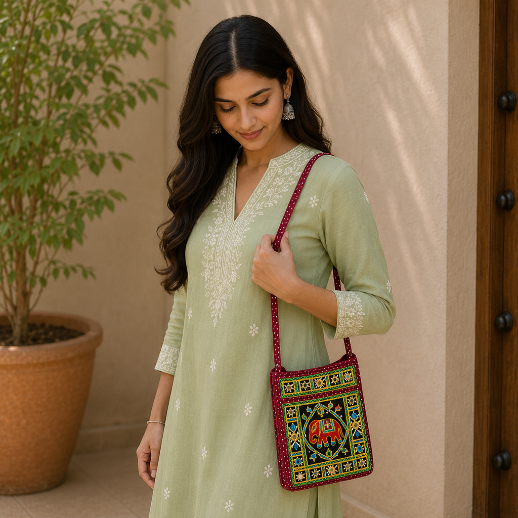 Folk Art Elephant Embroidered Sling Bag
