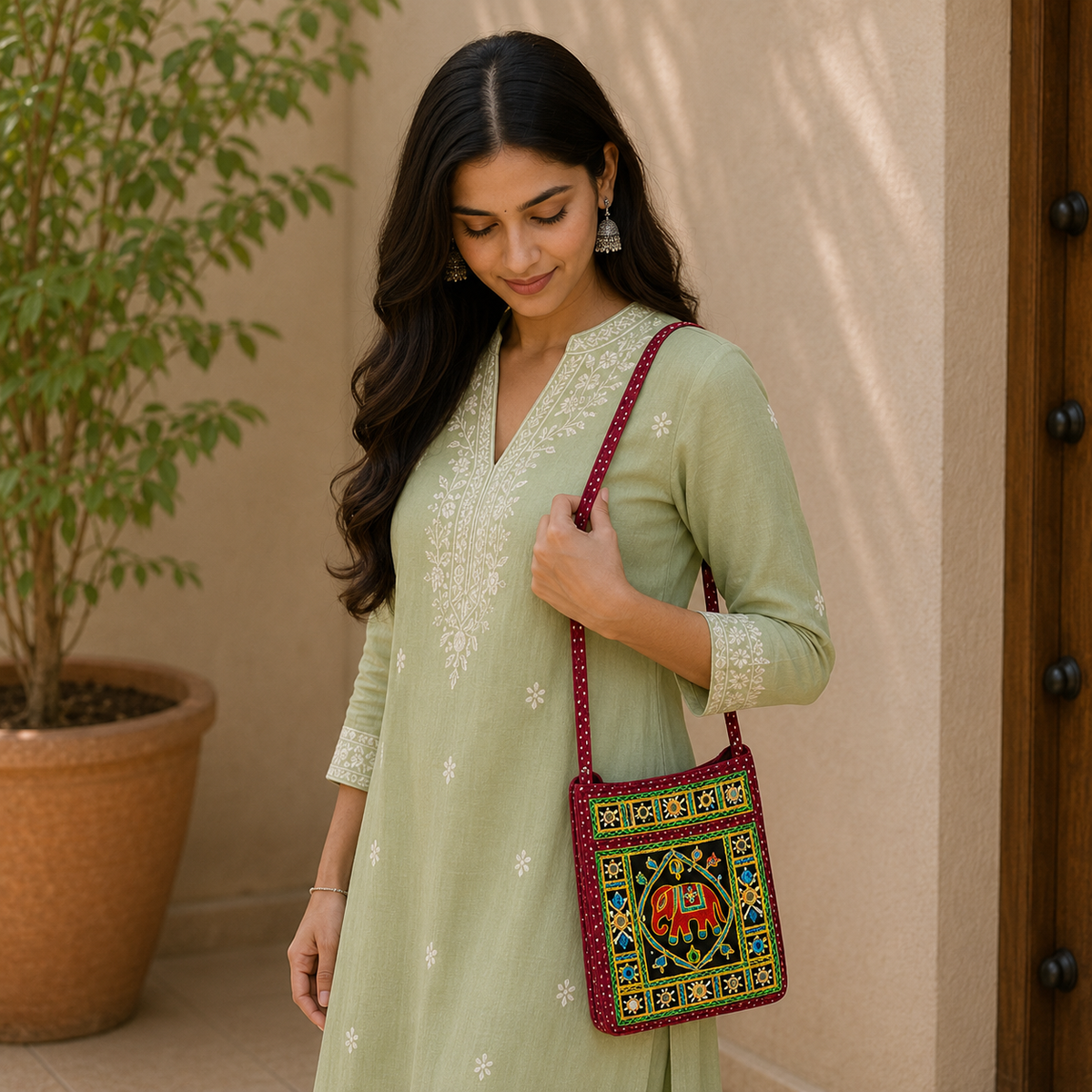 Folk Art Elephant Embroidered Sling Bag