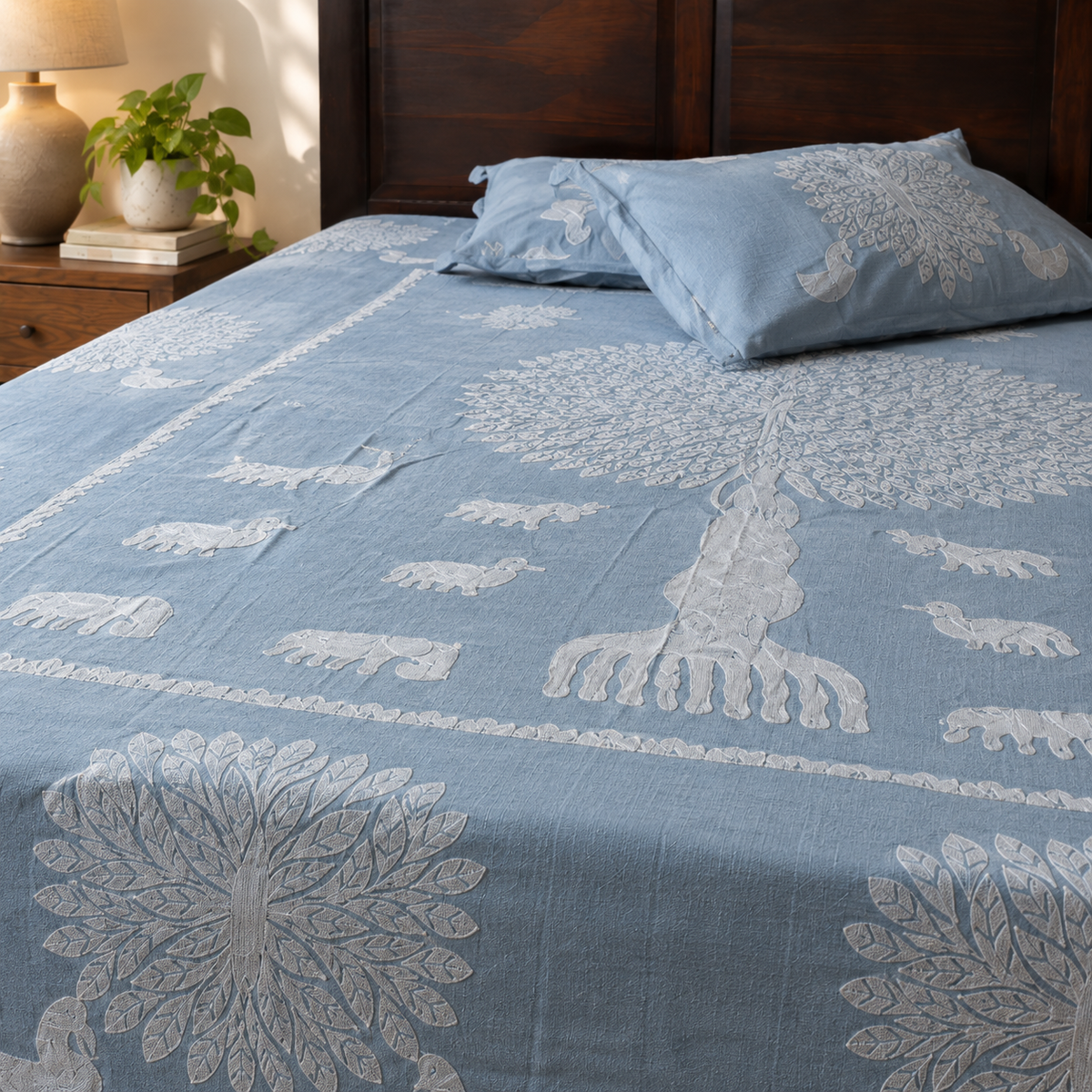 Sunlit Grove Tree Applique Bedsheet Set