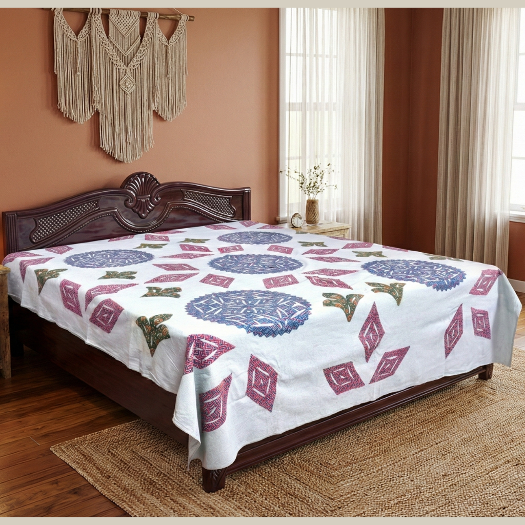 Classic Geometry Applique Cotton White Bedsheet