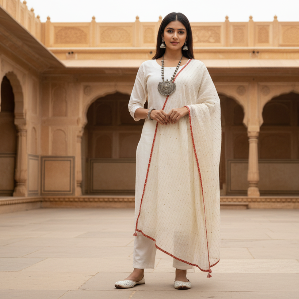 Woman in a white traditional outfit standing in front of beige architectural background