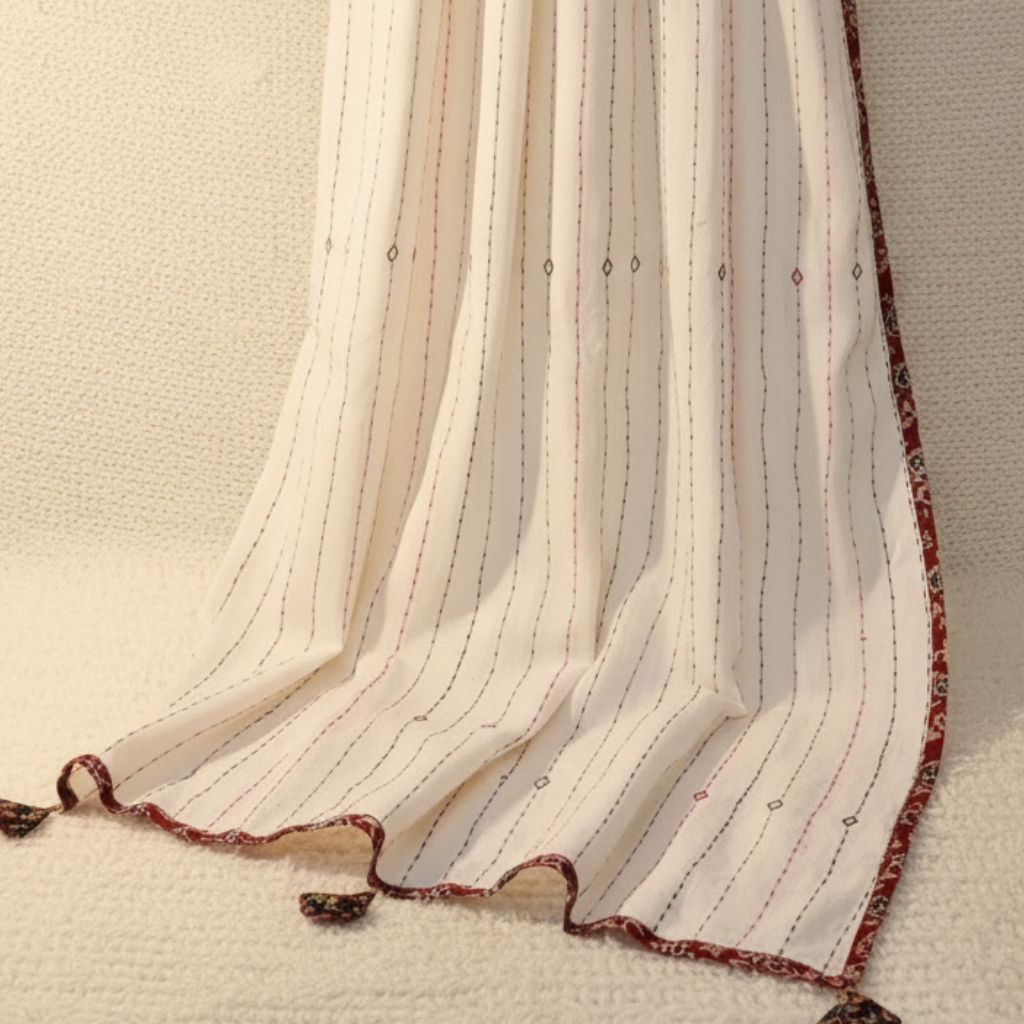White dupatta with red embroidery on a textured beige background