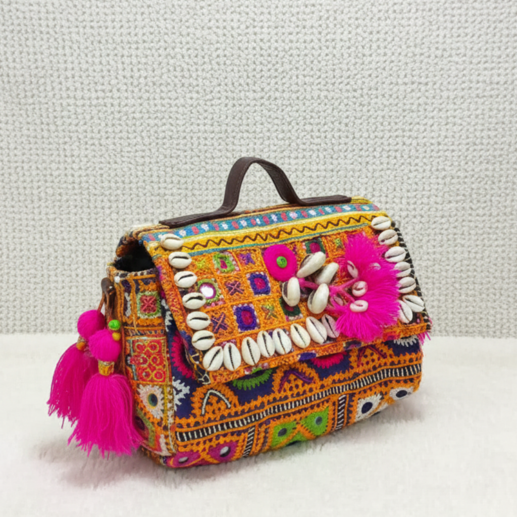 Colorful bohemian handbag with patterns and decorations on a light background
