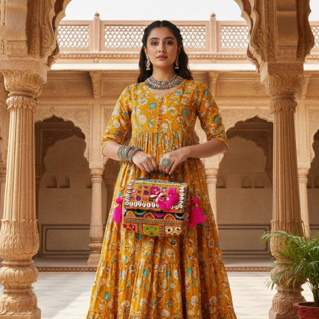 Woman in a yellow traditional outfit holding a colorful bohemian handbag in an architectural setting