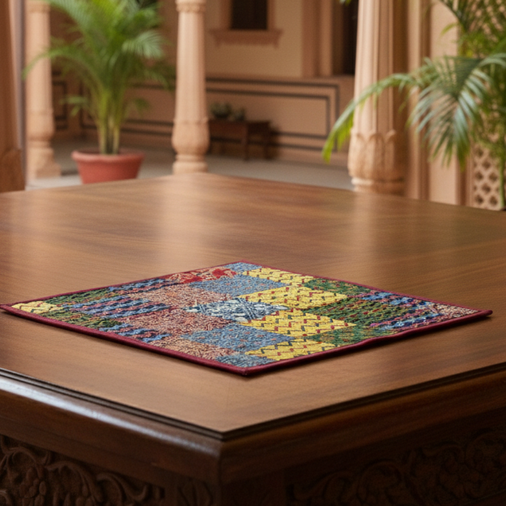 Colorful patterned mat on a wooden table with a blurred indoor background
