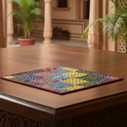 Colorful patterned mat on a wooden table with a blurred indoor background