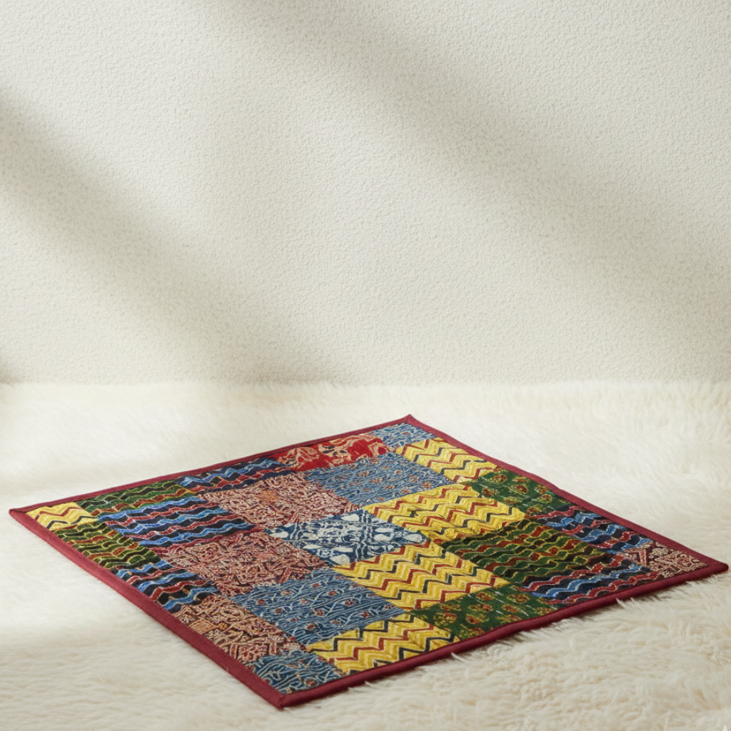 Colorful woven mat on a beige surface
