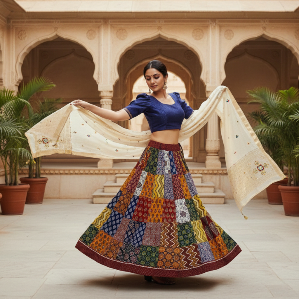 Woman in a colorful traditional outfit with a patterned skirt and blue blouse, standing in an architectural setting.