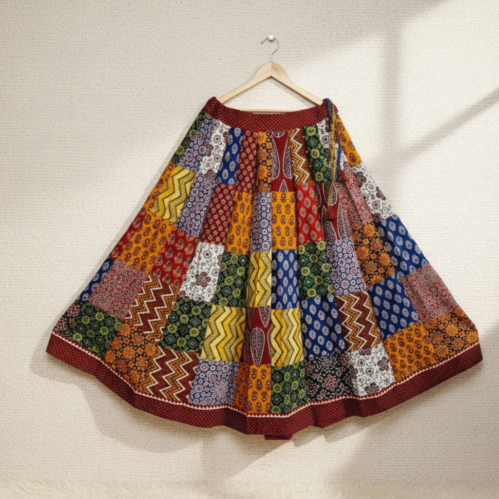 Colorful patchwork skirt on a hanger against a white wall