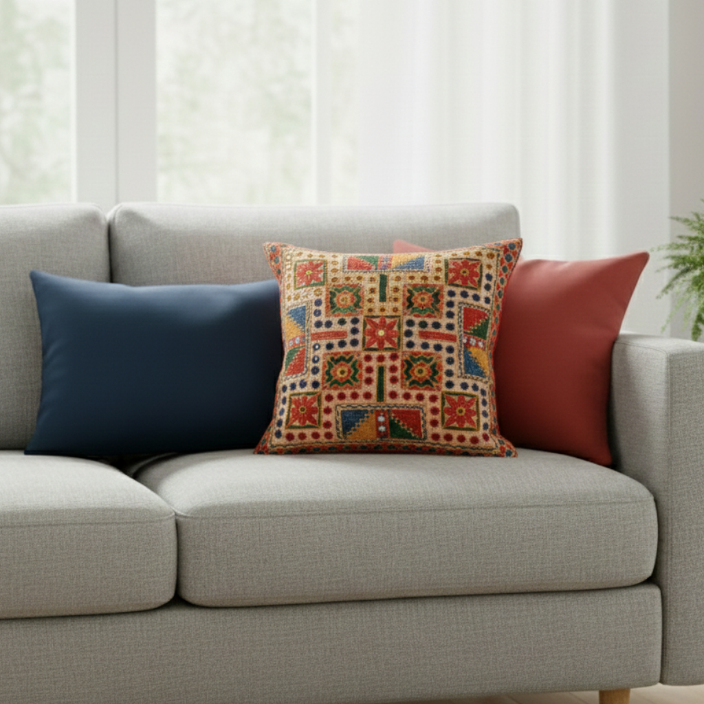 Gray sofa with colorful patterned pillow and two other pillows on a light background