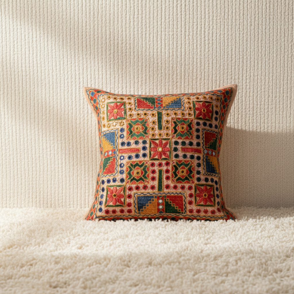 Decorative pillow with a colorful geometric pattern on a white surface.