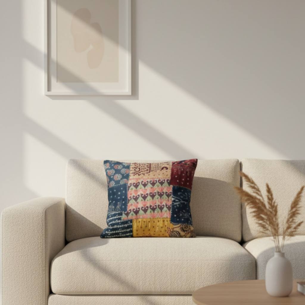 Beige sofa with a colorful patterned pillow in a bright room