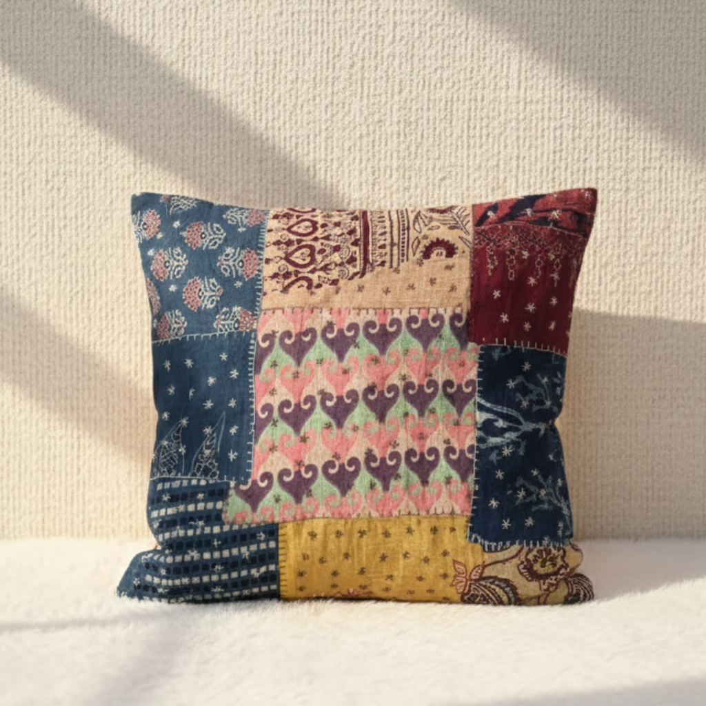 Multicolored patchwork pillow on a white surface with a neutral background