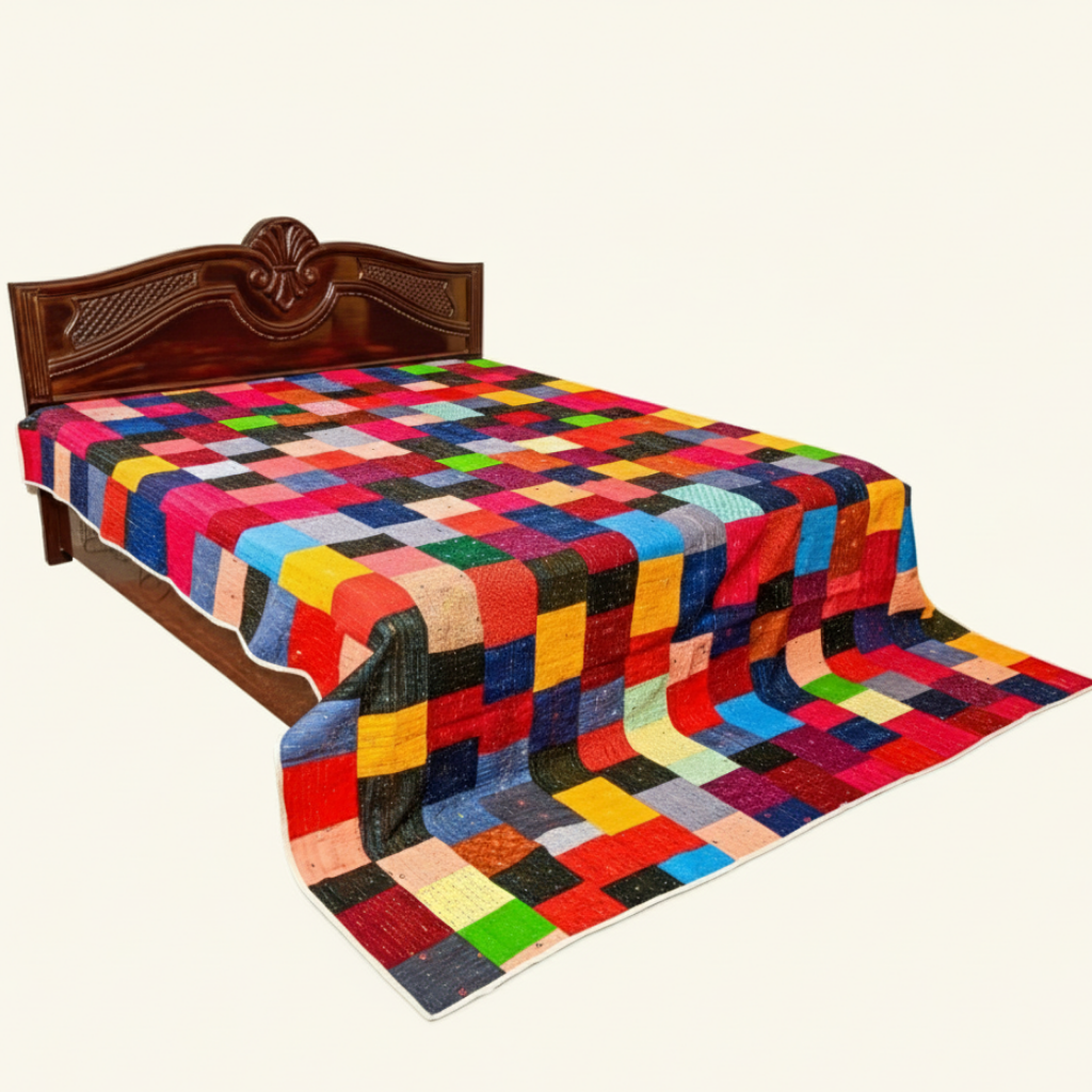 Colorful checkered quilt on a wooden bed with a white background