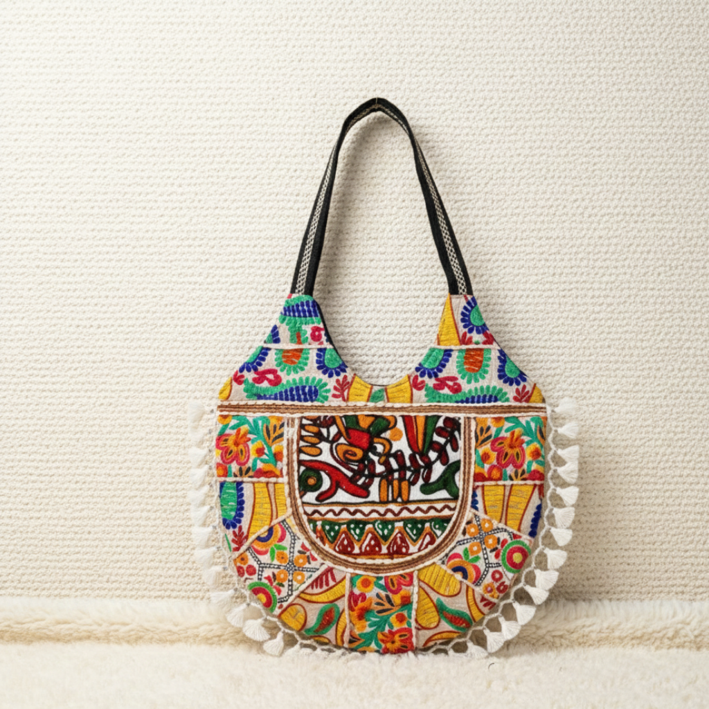 Colorful handbag with intricate patterns on a textured beige background