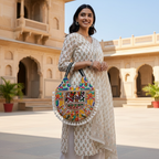 Woman holding a colorful handbag in front of an architectural building