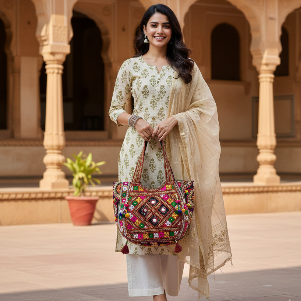Woman holding a colorful handbag in front of an architectural background