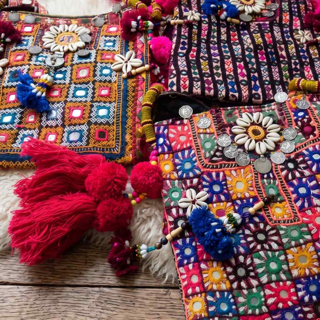 Colorful embroidered bags with tassels and coins on a wooden surface
