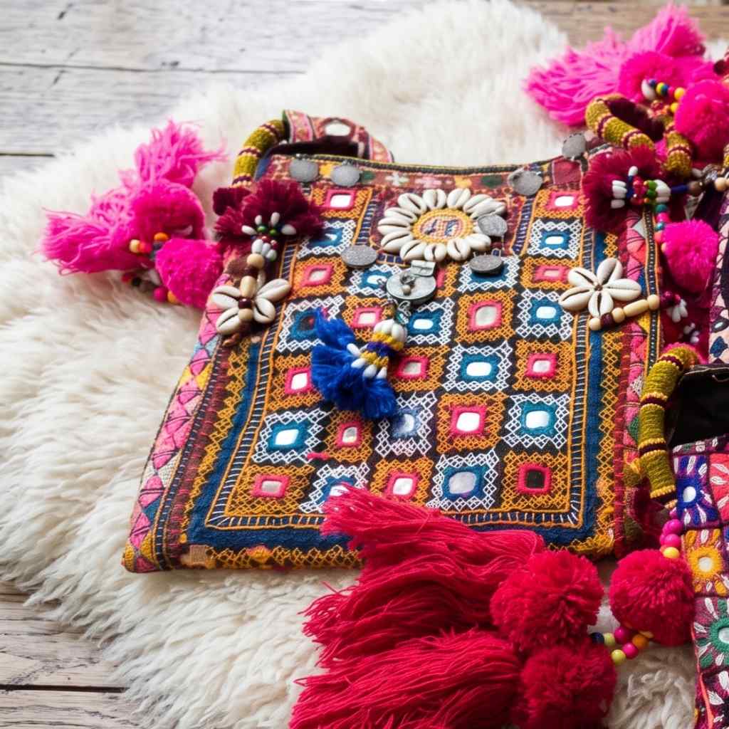 Colorful embroidered bag with tassels on a white fur surface