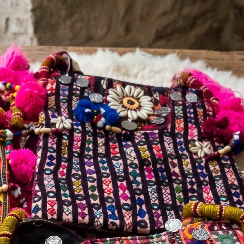 Colorful embroidered bag with decorative elements on a textured surface