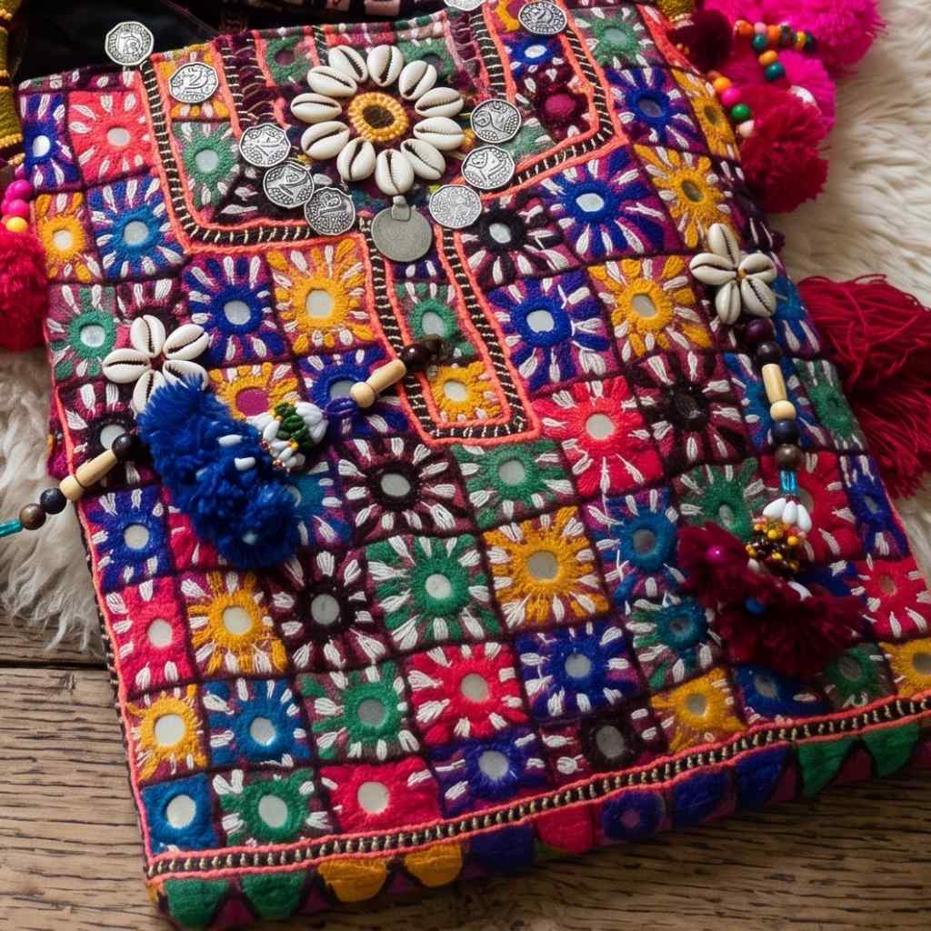 Colorful embroidered bag with patterns and decorative elements on a wooden surface.