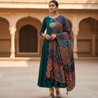 Woman wearing a traditional outfit with a patterned dupatta in an architectural setting