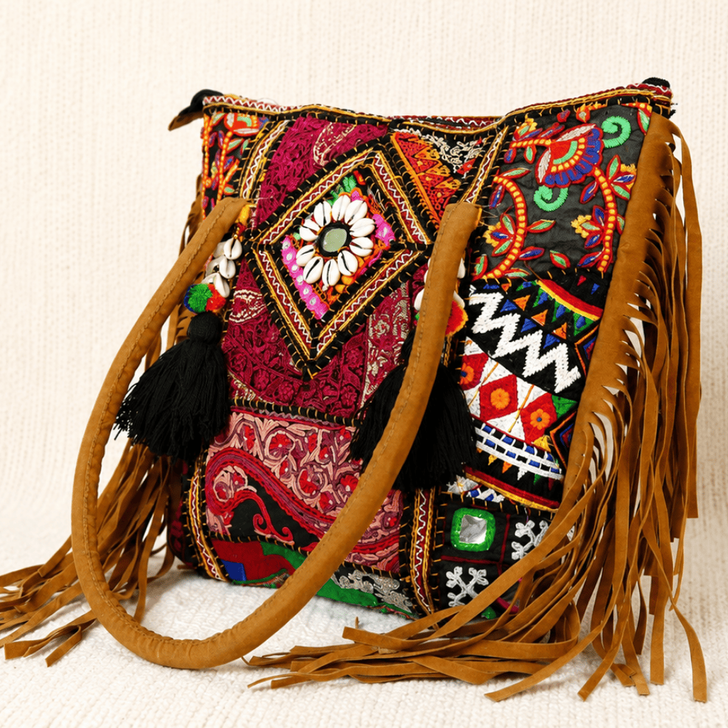 Colorful Embroidered Boho Bag with Shell Detailing