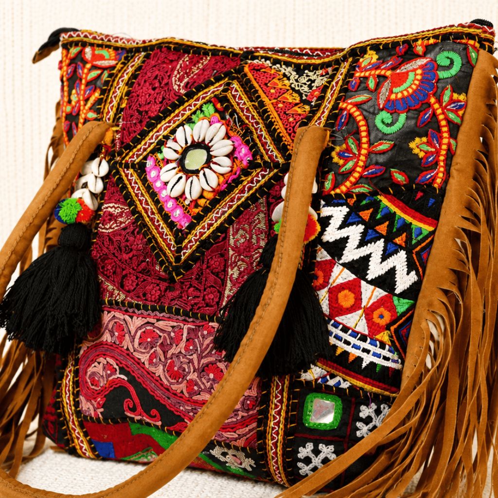 close up of Colorful Embroidered Boho Bag with Shell Detailing