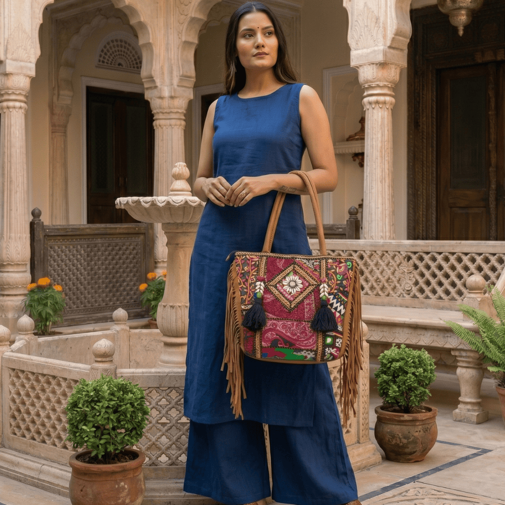 a woman in a blue suit set carrying a colorful embroidered boho bag