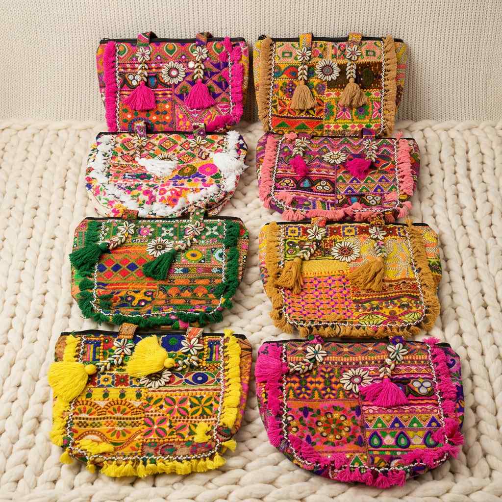 Colorful embroidered bags arranged on a textured surface