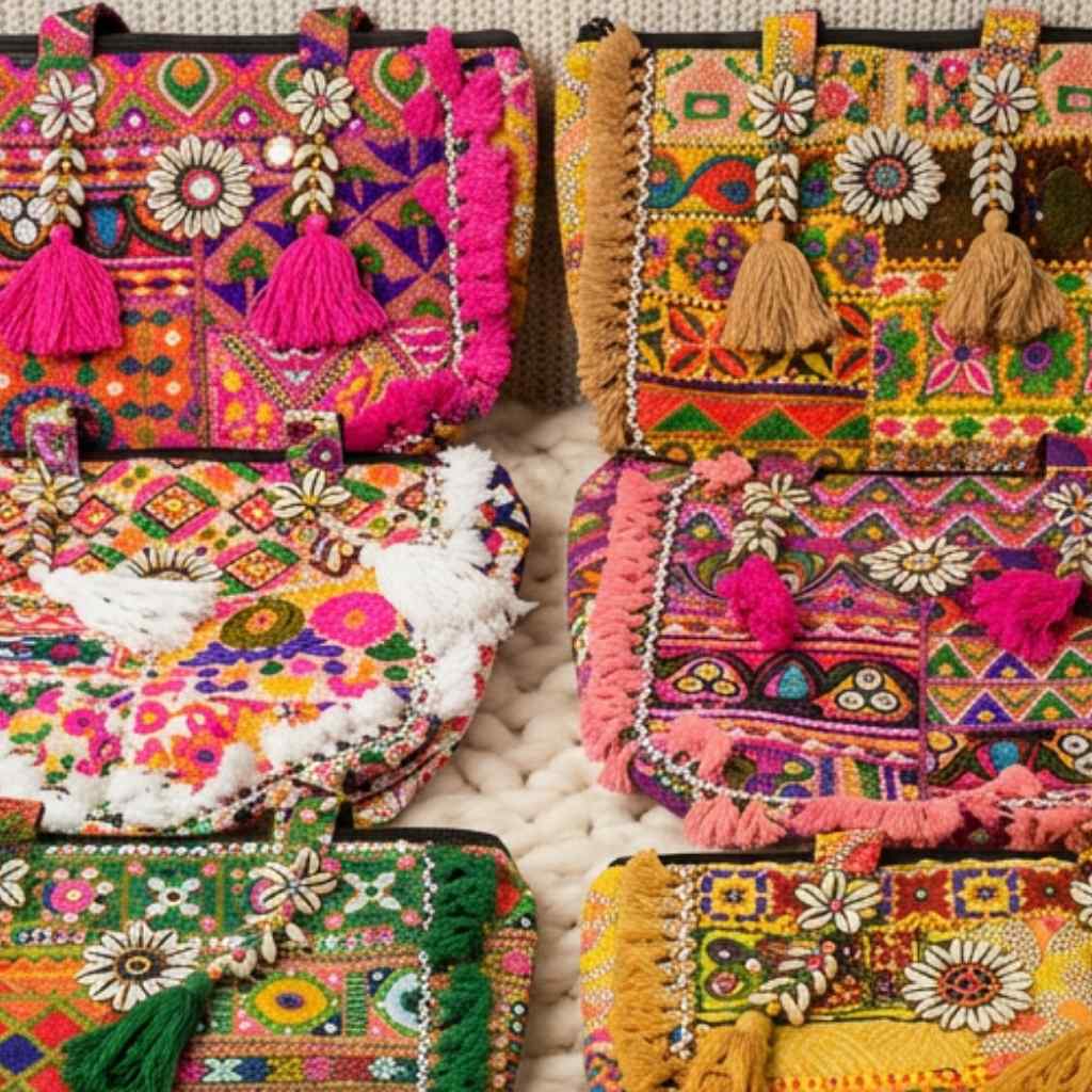 Colorful embroidered bags with tassels on a textured surface
