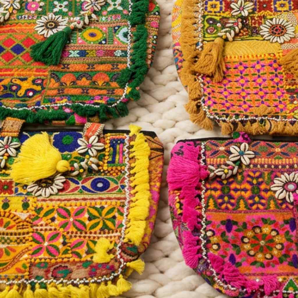 Colorful embroidered bags with floral patterns on a textured surface