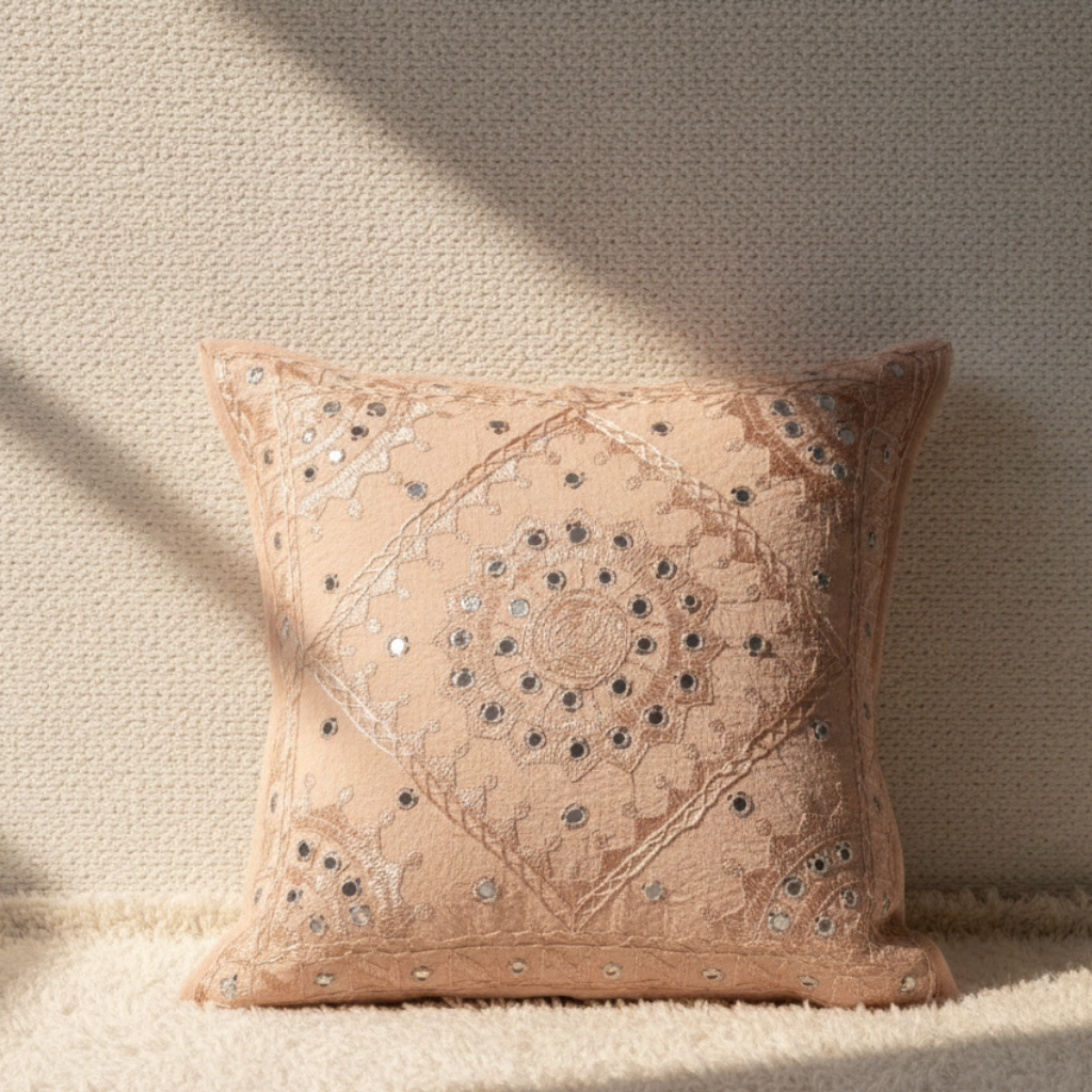 Decorative cushion cover with intricate patterns on a neutral background