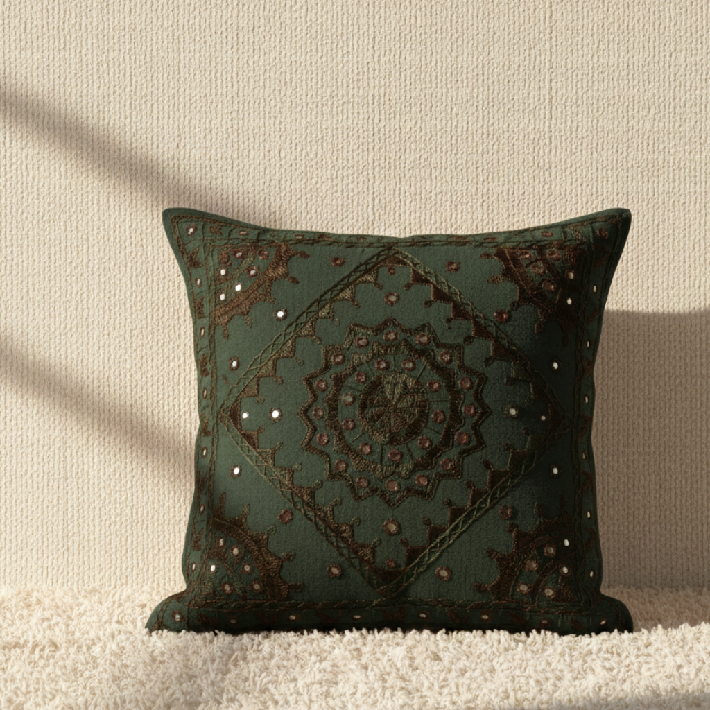 Decorative dark green cushion cover with intricate pattern on a neutral background