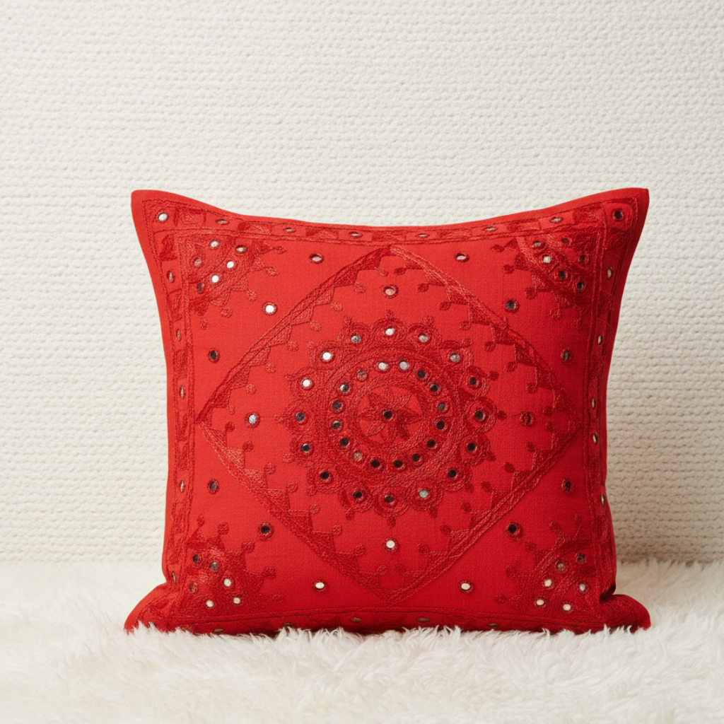 Red decorative cushion cover with intricate patterns on a white background