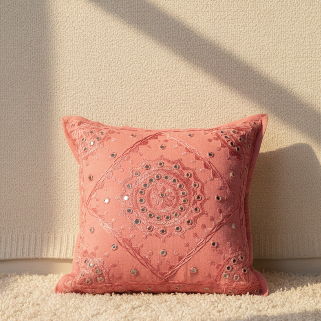 Decorative pink cushion cover with embroidery on a beige surface