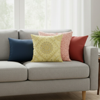 Gray sofa with yellow cushion cover in a living room setting