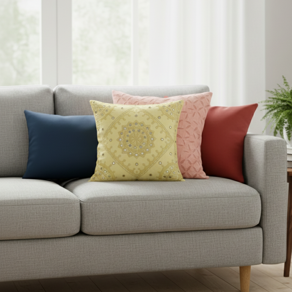 Gray sofa with yellow cushion cover in a living room setting