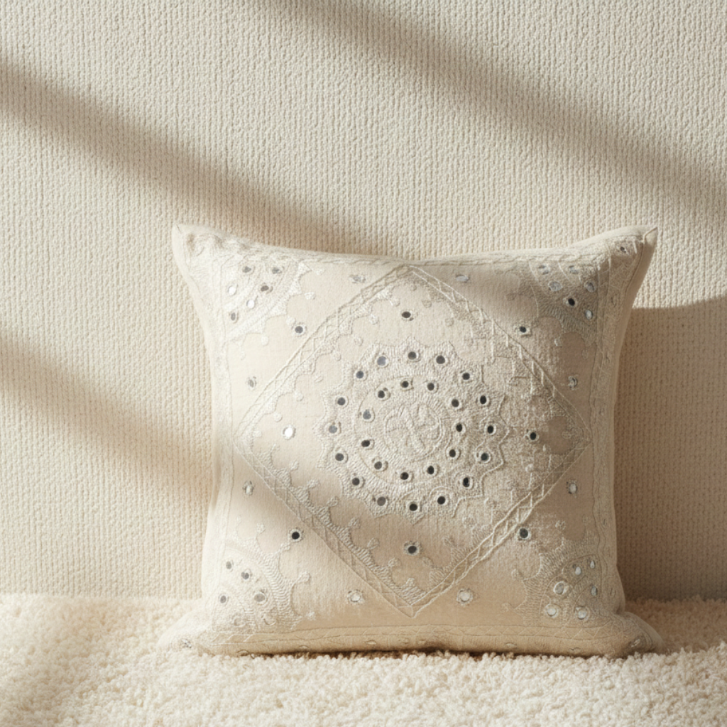 Decorative white cushion cover with intricate embroidery on a textured surface
