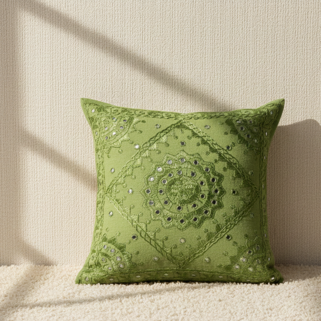 Green decorative cushion cover with intricate patterns on a neutral background