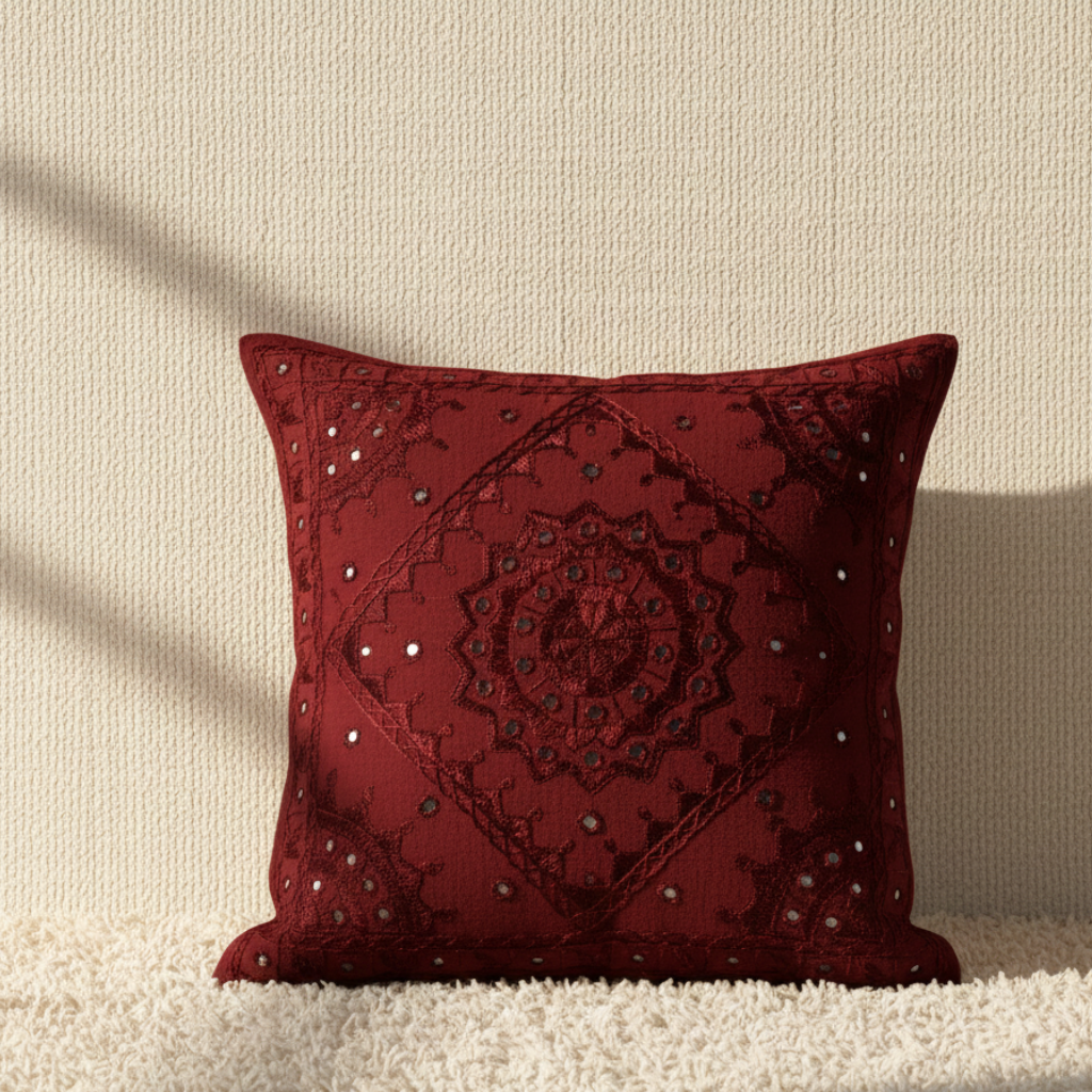 Red decorative cushion cover with intricate patterns on a neutral background