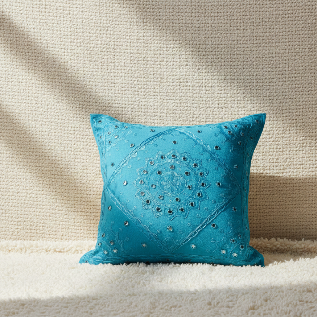 Turquoise decorative cushion cover with intricate patterns on a beige surface