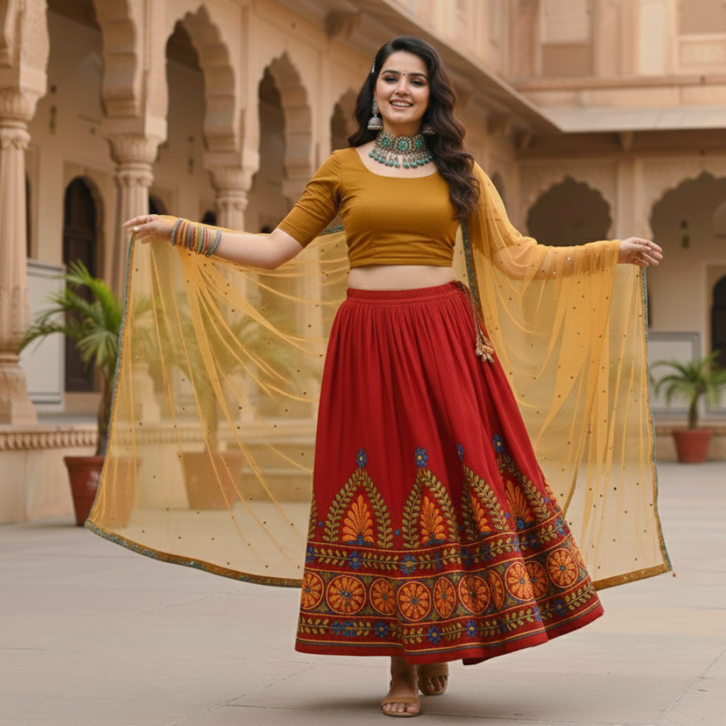 Woman in traditional outfit with red skirt and yellow dupatta in an architectural setting